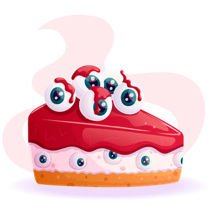 A piece of sponge cake with cream, decorated with eyeballs. Trick or Treat. The concept of Halloween, a holiday. Isolated vector illustration for stickers, design, decoration.のイラスト素材