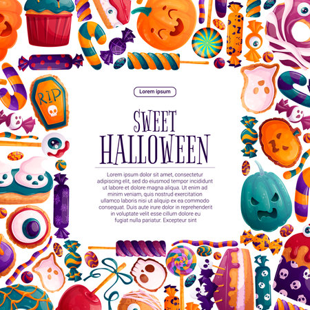 Colorful background with Halloween elements. A square frame with sweets, candies and pastries for posters, flyers, postcards and invitations to Halloween parties. Vector illustrationのイラスト素材