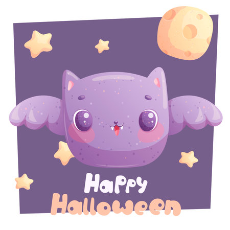 Halloween greeting card design. Cute bat on the background of the night sky. Cartoon childrens vector illustration for the design of postcards, postcards for printing, postcards, posters, bannersのイラスト素材