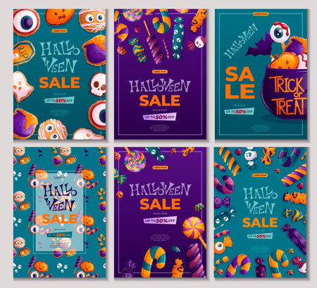 A set of design templates for Halloween. Candies, sweets, cookies. Autumn discounts, sale. Vector illustration in A4 format for posters, banners, promotions, advertisementsのイラスト素材