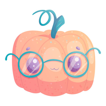Cute orange pumpkin with glasses on a white background. The concept of autumn, Halloween. Childrens vector design illustration for the design of postcards, postcards for printing, textiles, stickersのイラスト素材