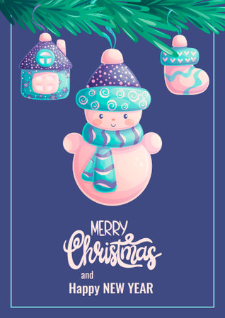 A template for the design of Christmas and New Year greeting cards. Christmas tree toys in the form of a snowman, a house, a sock, hanging from Christmas tree branches. Vector illustrationのイラスト素材