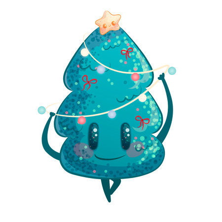 A cute Christmas tree decorated with a garland on a white background. A smiling Christmas and New Year character. Children's vector illustration for the design of postcard, card for printing, textileのイラスト素材