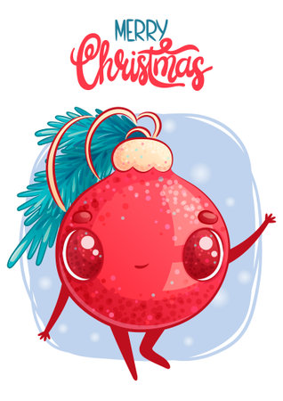 Christmas and New Year greeting card design template. Cute Christmas ball toy. A smiling character. Children's vector cartoon illustration for the design of postcards, posters, bannersのイラスト素材