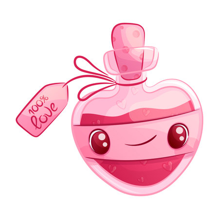 A cute bottle with a love potion on a white background. A smiling character. The concept of lovers, Valentine's day. Isolated cartoon vector illustration for the design of postcard, textile, stickerのイラスト素材