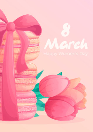 Template design for greeting cards for Womens Day. March 8th. Delicious French macaroons tied with ribbon, tulips. Vector illustration for the design of postcard, invitation card, poster, bannerのイラスト素材