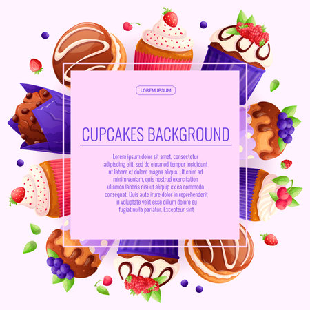 Colorful background with delicious cupcakes and muffins. The concept of confectionery, baking, cooking. Vector illustration for the design of posters, flyers, postcards and invitationsのイラスト素材