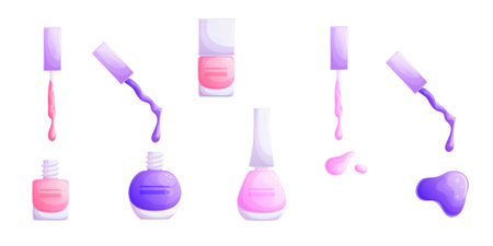 A set of colorful open and closed bottles of nail polish, a brush for gel polish, spots and droplets of varnish. The concept of beauty and nail design. Isolated vector illustrationのイラスト素材
