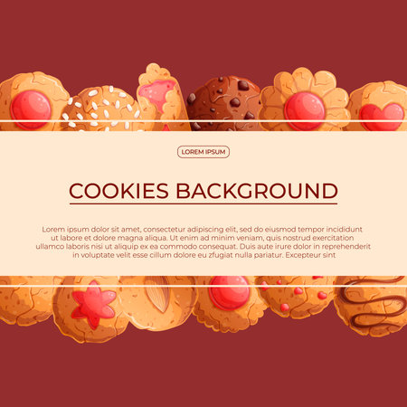 Colorful background with delicious cookies. The concept of confectionery, baking, cooking. Vector illustration for the design of posters, flyers, postcards, invitationsのイラスト素材