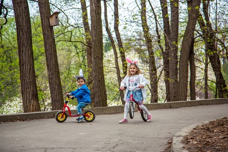 Toddlers Boy and girl on bikes balance in summer parkの写真素材