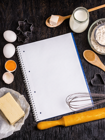 Food ingredients on the table, sugar eggs and flourの写真素材
