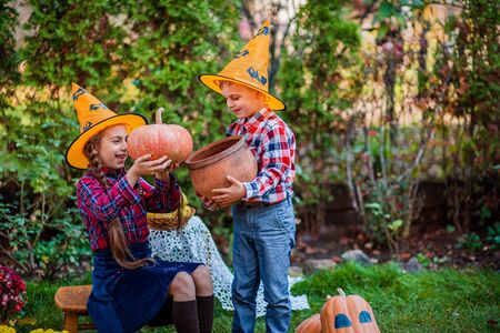 Brother and sister play in the Autumn Garden, surrounded by fruits of vegetables and fruits. Celebrating the Autumn Harvest.の写真素材