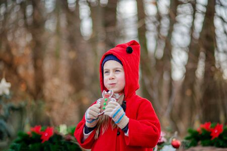 Little girl eating cookies in the forest outdoors on a frosty day. Fun outdoors for a family...