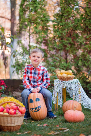 Merry painted pumpkin in the hands of a child. Halloween celebration. Small child is preparing for the holiday.の写真素材