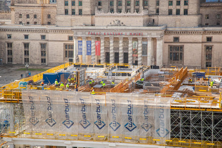 Warsaw, Poland - January 30, 2022: Construction site of the new building of the Museum of Modern Art in front of the Palace of Culture and Science, Warsawのeditorial素材
