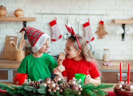 Brother and sister, little boy and girl eating Christmas cookies and drinking drink in Christmas decorations in the kitchen. The winter holidays. Christmasの写真素材