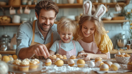 Happy family is preparing for Easter. Mother, father and their little daughters are preparing the dough for baking.の素材