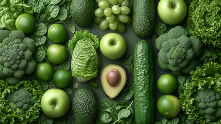 Lush display green vegetables herbs, including broccoli, lettuce, avocado, apples, artistically arranged to form vibrant green border, textured background, evoking the essence of healthyの素材