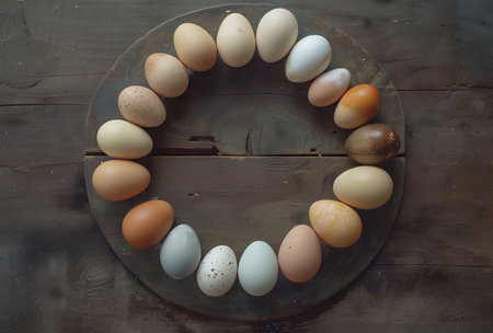 Happy Easter. Rustic circle of naturally colored eggs on dark wooden tray, offering traditional and earthy Easter vibe.の素材