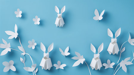Paper art of paper flowers and origami bunny on blue background.の素材