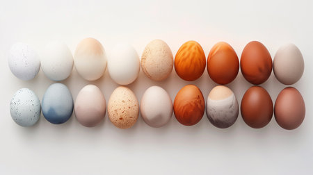 Happy Easter. An elegant array of speckled and naturally toned eggs aligned on white surface, showing a palette of earthy Easter hues.の素材