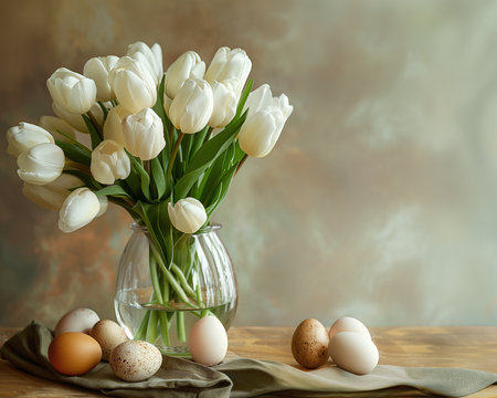 Glass vase with bouquet of white tulips holding natural colored pastel Easter eggs on warm rustic background. Copy and paste the blank space.の素材