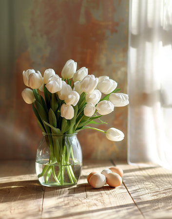 Vase of pristine white tulips elegantly stands amidst scattered Easter eggs, combining the freshness of spring blooms with the joy of the holiday. The soft backdrop adds to the still life charm.の素材