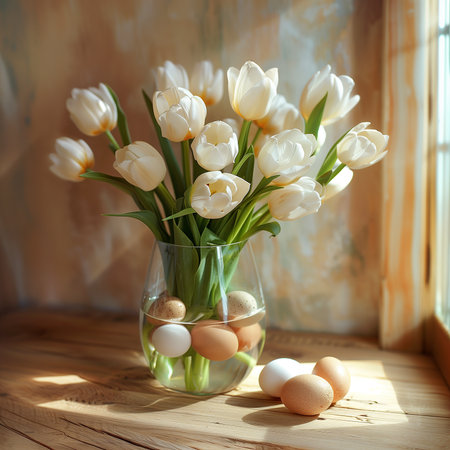 Vase of pristine white tulips elegantly stands amidst scattered Easter eggs, combining the freshness of spring blooms with the joy of the holiday. The soft backdrop adds to the still life charm.の素材