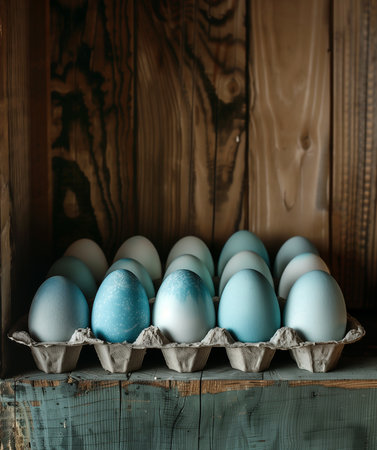 Rustic setting showcases carton of naturally dyed blue Easter eggs, presenting handmade aesthetic against the wood backdrop. The varied hues suggest an artisanal dyeing process.の素材
