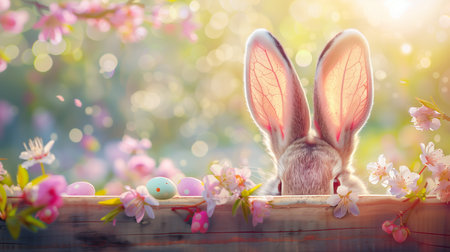 Curious bunny peeks over wooden ledge, gazing at collection of pastel-colored Easter eggs nestled in blooming spring setting. The soft light enhances the magical scene.の素材
