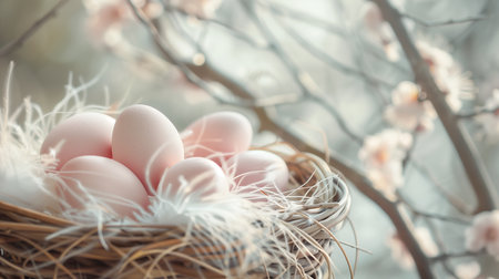 Nest of soft colored speckled Easter eggs lies among delicate blossoms and feathers, creating an image of serene spring beauty and the rebirth associated with Easter.の素材