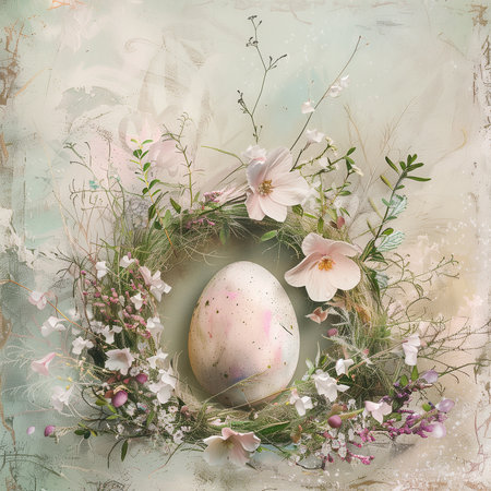 Drawing in the style of pastel, light tones, one large egg in the center of flower wreath. View from above.の素材