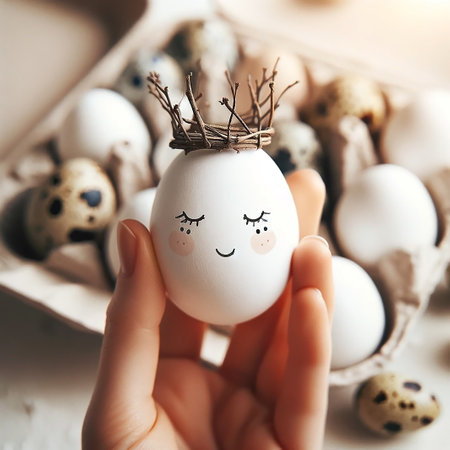Happy Easter. Hand decorated Easter eggs adorned with delicate floral crowns, presented in carton, surrounded by soft purple blooms and greenery.の素材