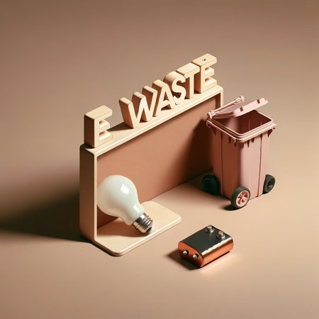 LED bulb and batteries in the trash can. Garbage sorting concept. Disposal of electronic e-waste.の素材