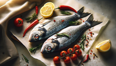 Fresh fish with spices and herbs on table in kitchen. Fresh sea bass. Top view with copy space.の素材