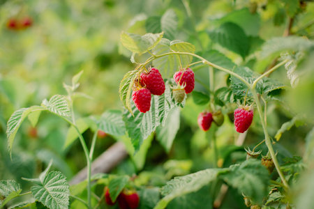 Close-up of ripe red raspberries on a bush. Organic farming and healthy food concept, copy space