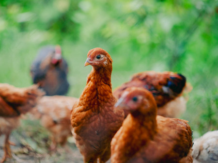 Flock of young brown chickens in a natural setting. Poultry farming and agriculture conceptの写真素材