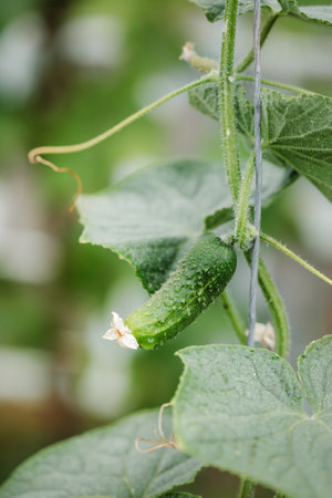 Green young cucumber bush, branch with blossom, environmentally friendly vegetables, growing eco organic growing on branches. Copy space, place for text, banner, vegetablesの写真素材