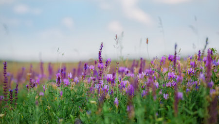 Wild pink, purple flowers on meadow with cloudy blue sky. Summer day on field of grass, cloud on blue sky. field, summer landscapeの写真素材