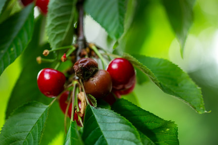 Close-up cherries on tree with some fruit rotting due to mold or fungus. Shows contrast between...
