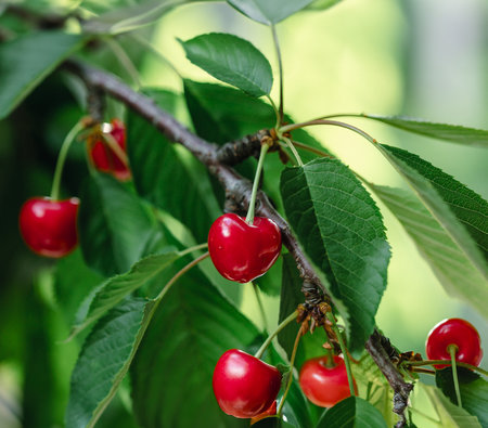 Fresh bunch ripe red cherries hanging on branch with green leaves background. Summer fruit harvest...