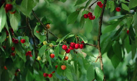 Branch full of ripe red cherries with green leaves against background of sunlight. Summer fruit...