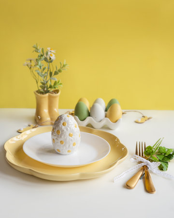 Happy Easter. Easter celebration concept. Top view vertical empty white and yellow plate, Easter...