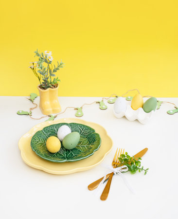 Easter celebration concept. Top view vertical empty green and yellow plate, Easter eggs, on isolated white background. Copy space, place for text, banner.の写真素材