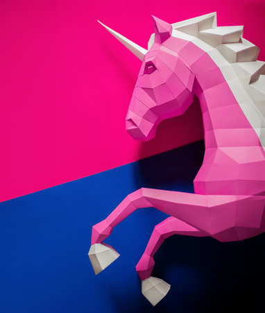 Geometric Pink blue Unicorn Sculpture Dual Background. Bold and modern geometric unicorn sculpture in pink white stands against split pink purple background, blending fantasy with minimalistic design.の写真素材