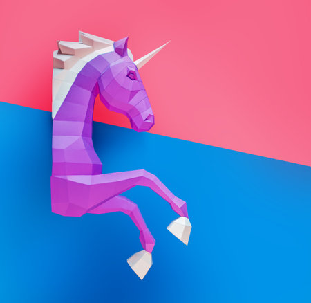 Geometric Pink blue Unicorn Sculpture Dual Background. Bold and modern geometric unicorn sculpture in pink white stands against split pink purple background, blending fantasy with minimalistic design.の写真素材