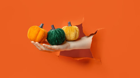 Wool Pumpkin in Hand. hand holding wool soft pumpkin with golden stem through torn orange paper background.の写真素材