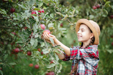 Cheerful girl stands on background an apple orchard with red apples, tastes, enjoys snacks,...