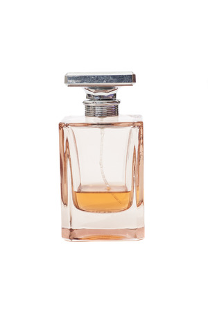 Glass Perfume Bottle isolated on white の写真素材