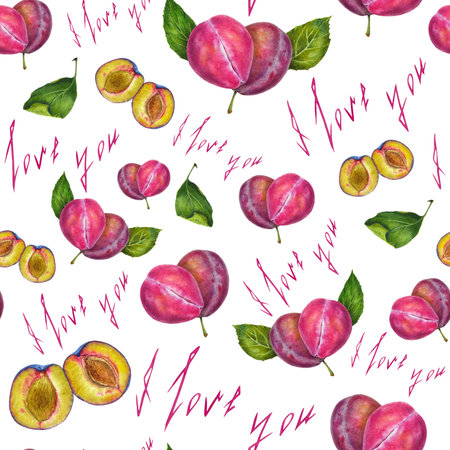Pink purple plums green leaves in heart form pattern botanical realistic watercolor painting. I love you inscription. Advertisement, gift cards, clothes, shopper bags, tableware, wrapping design.の写真素材